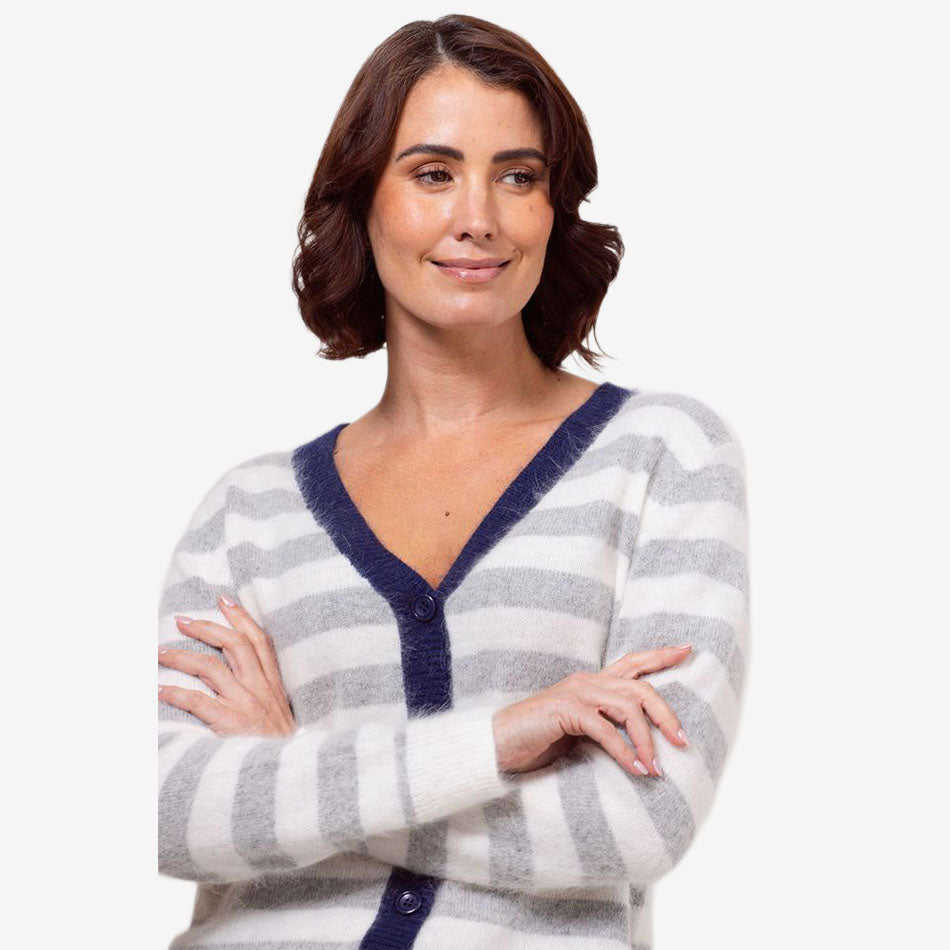 See Saw Angora Blend Stripe Tipped Cardi - blue trim
