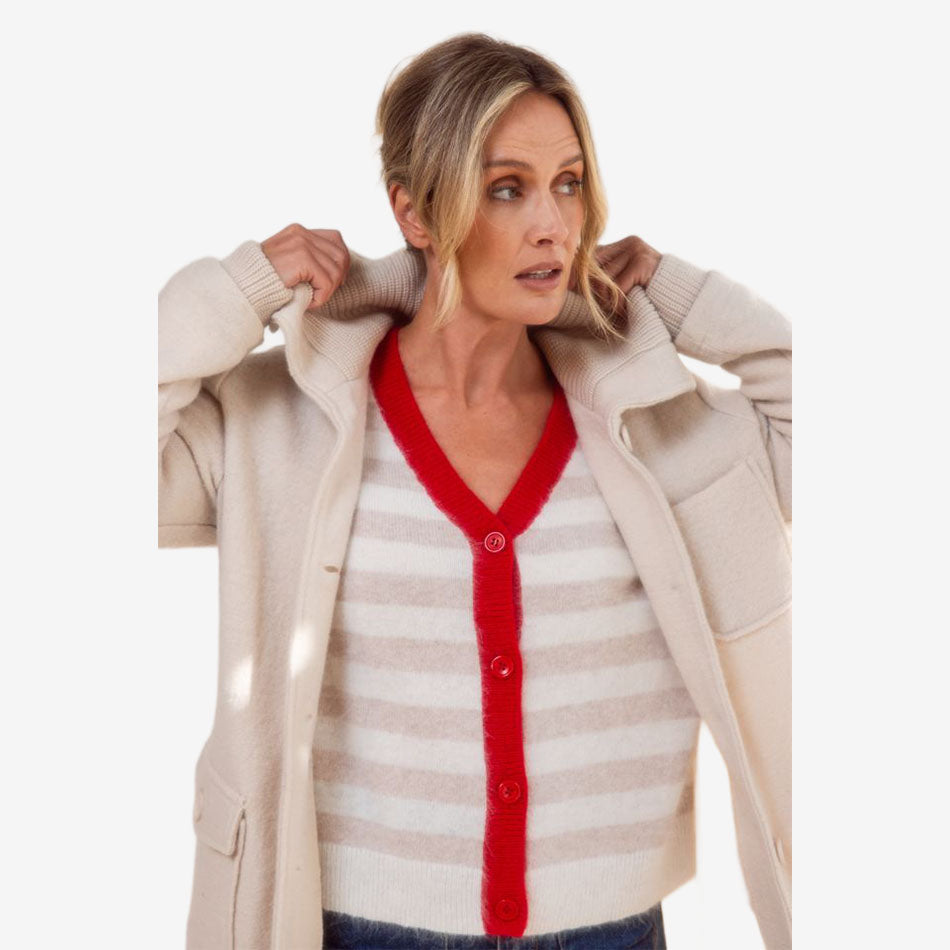 See Saw Angora Blend Stripe Tipped Cardi - red trim