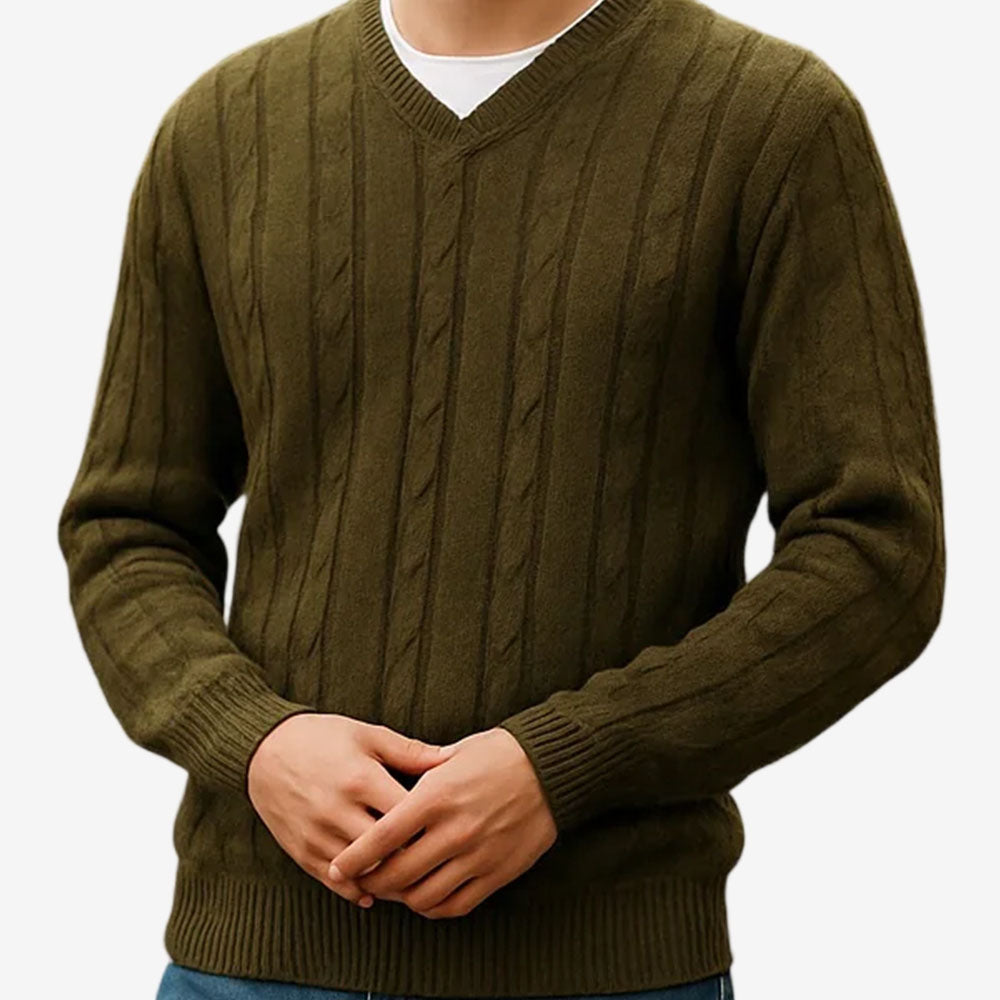 Ansett Pure Wool Cable V-Neck loden