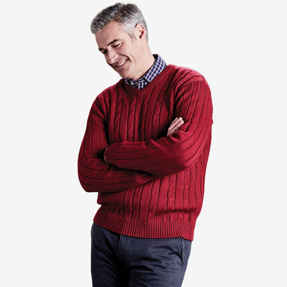 Ansett Pure Wool Cable V-Neck wine