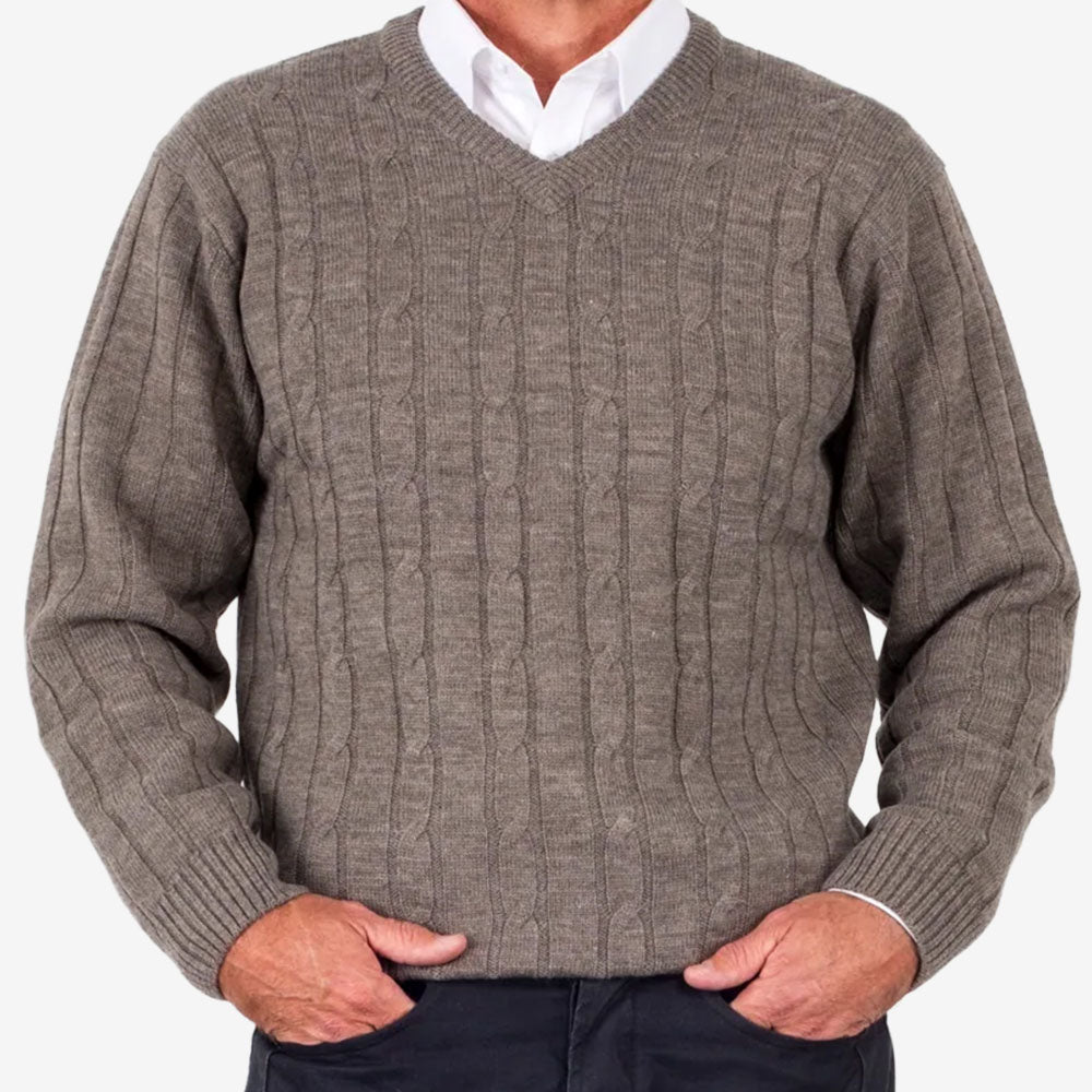 Ansett Pure Wool Cable V-Neck sable
