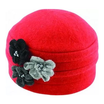 BOILED WOOL FLOWER PULL ON HAT RED