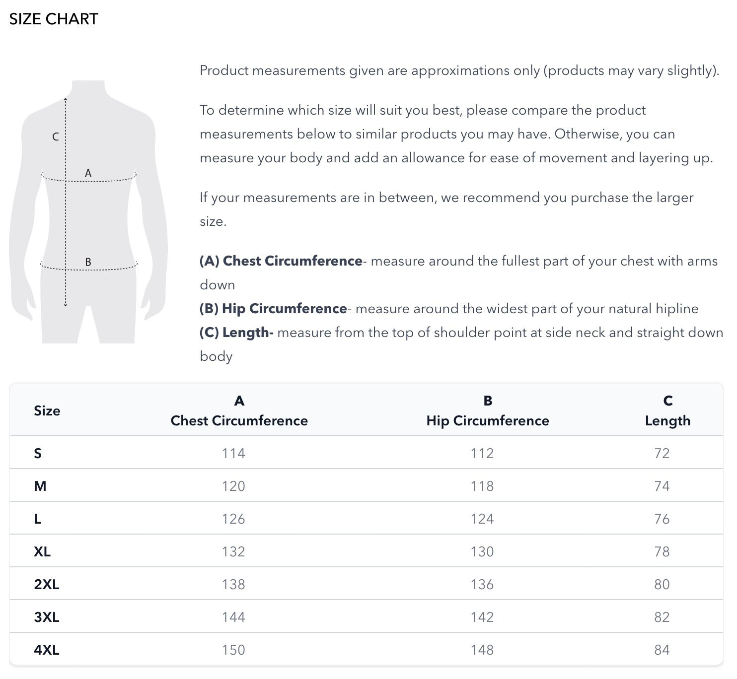 Burke & Wills Derwent size chart