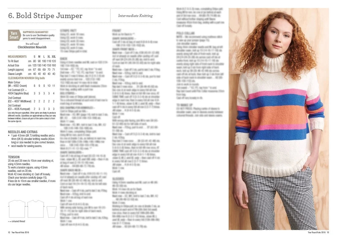 Woman wearing a bold multicolour striped knit jumper, Cleckheaton Nourish yarn