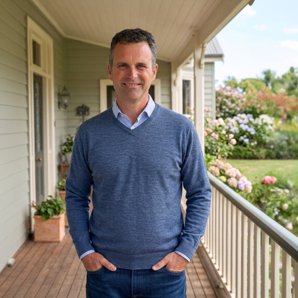 Ansett Extra Fine Merino V Neck blue