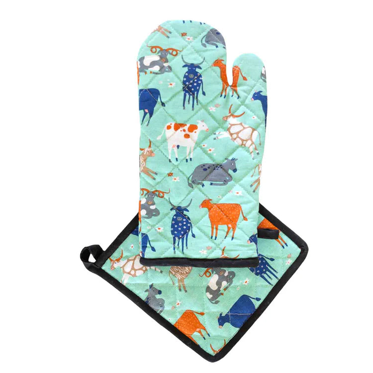 Oven Glove & Pot Holder Green Cow
