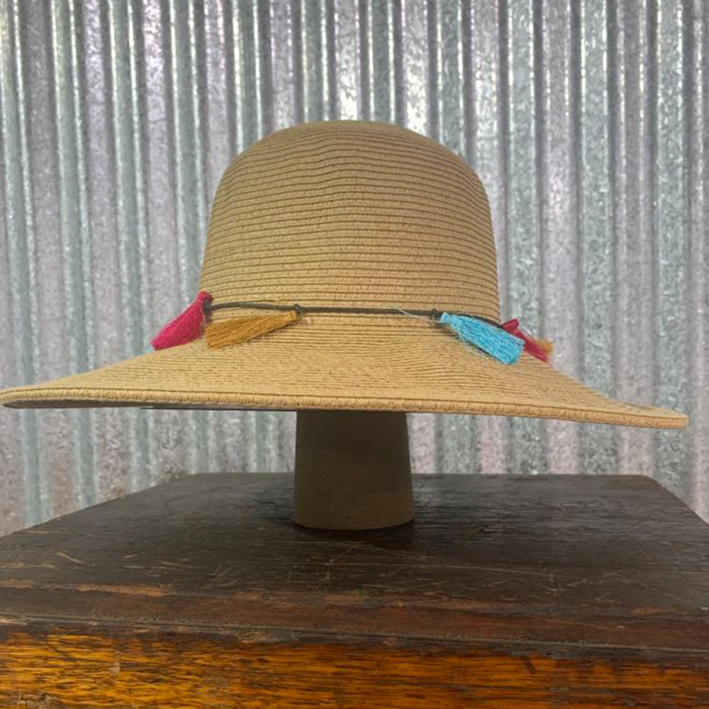 POPPI PAPER BRAID WIDE BRIM HAT WITH TASSELS