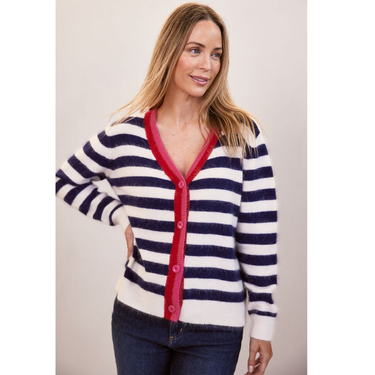 See Saw Angora Blend Stripe Cardigan Navy & Snow