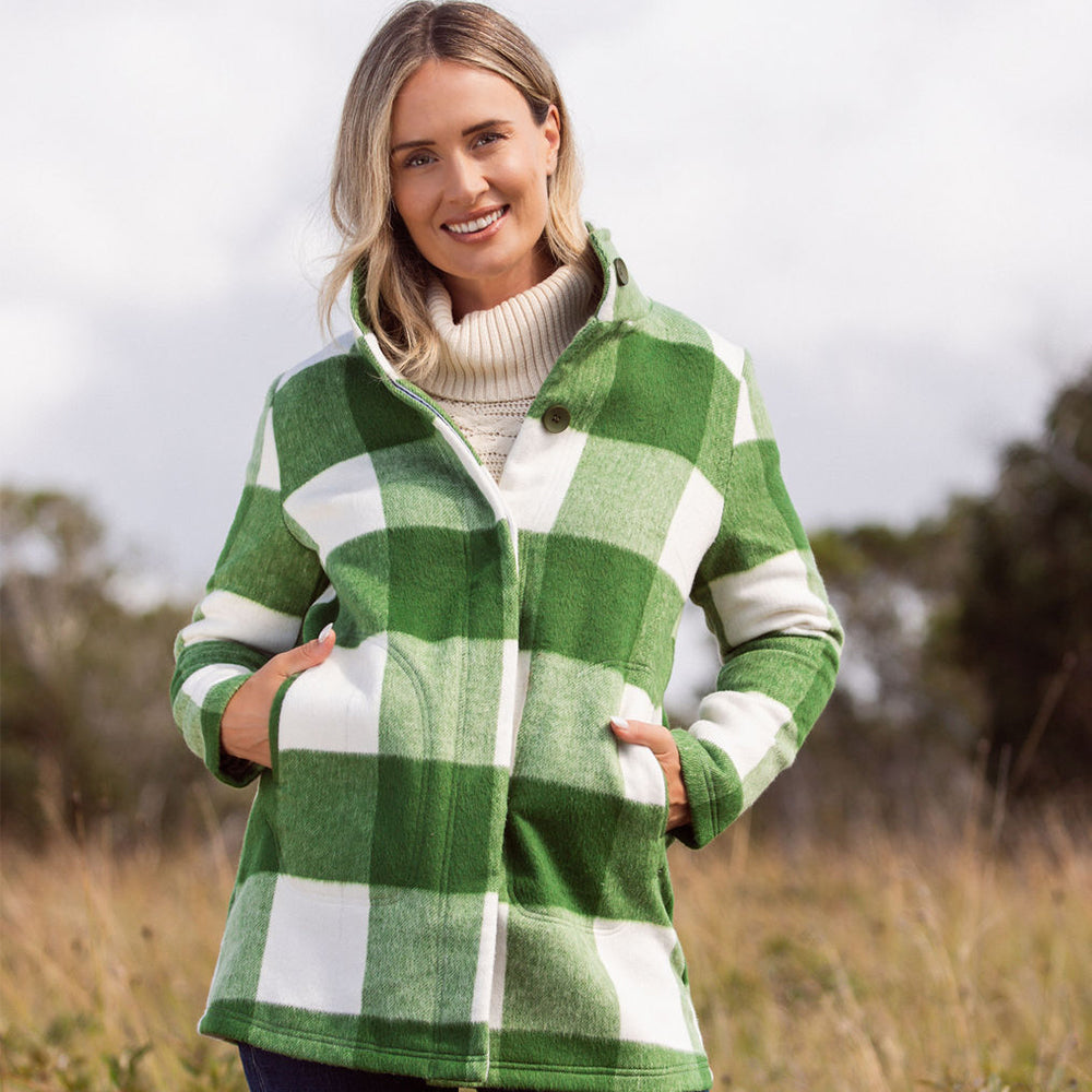 See Saw Brushed Wool Blend Plaid Coat - Khaki & Cream