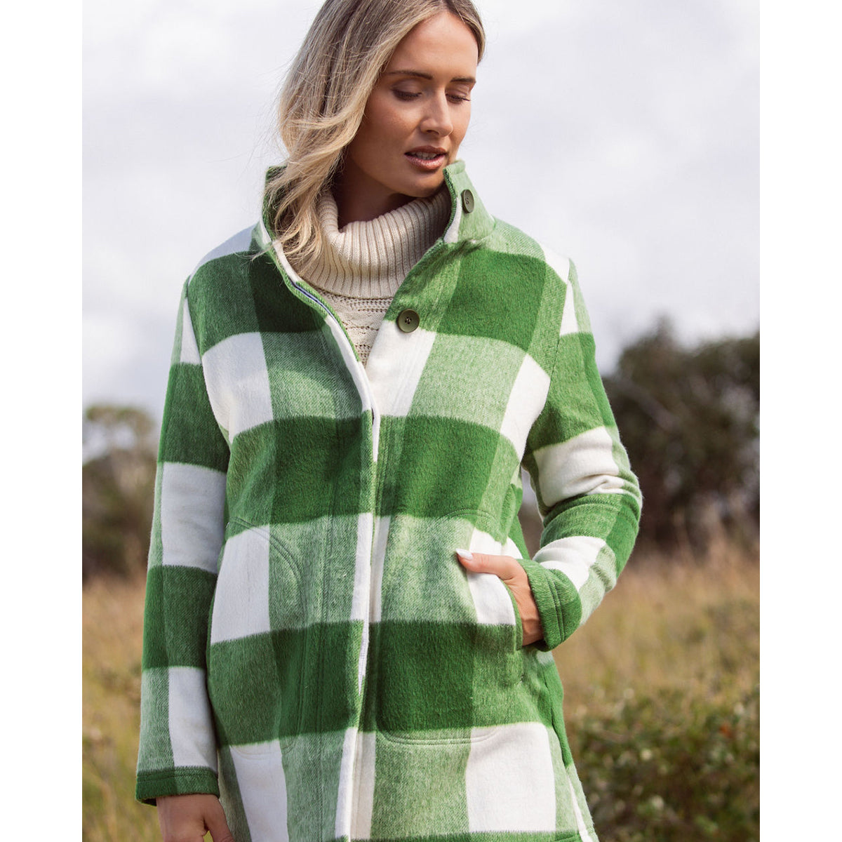 See Saw Brushed Wool Blend Plaid Coat - Khaki & Cream
