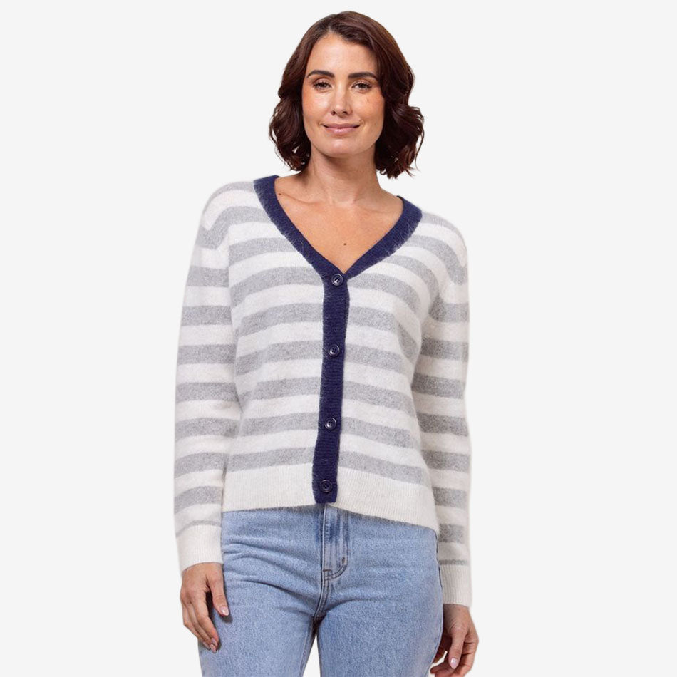 See Saw Angora Blend Stripe Tipped Cardi - blue trim