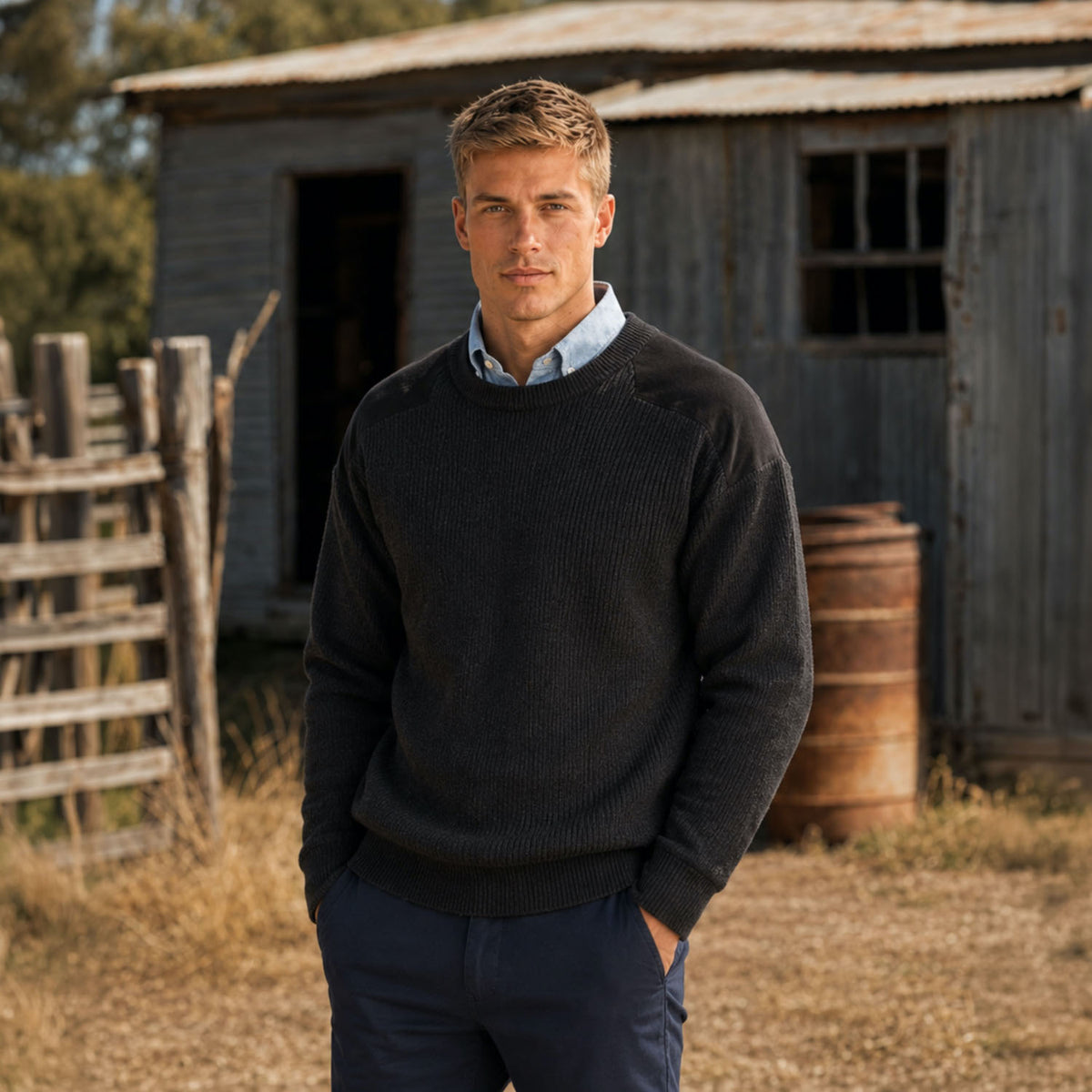 Ansett Patch Crew Neck Rib Jumper charcoal