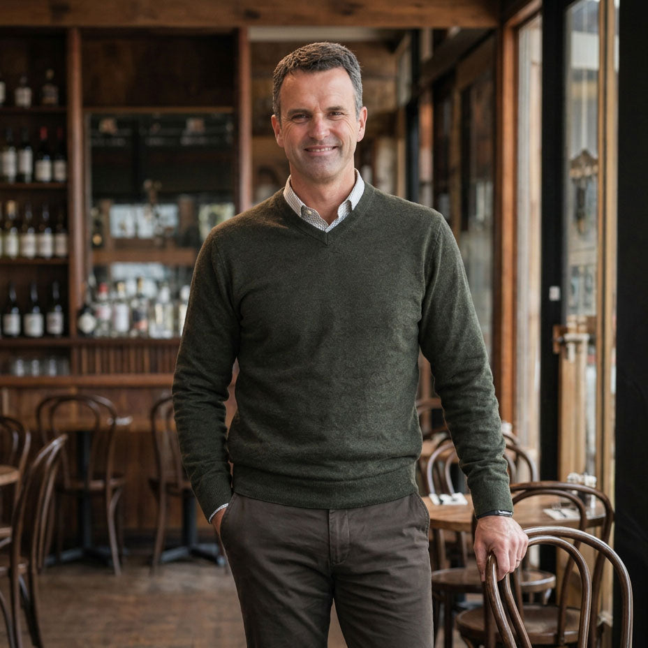 Ansett Extra Fine Merino Wool V-Neck Jumper Olive