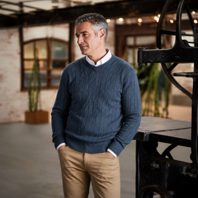 Ansett Pure Wool Cable V-Neck slate