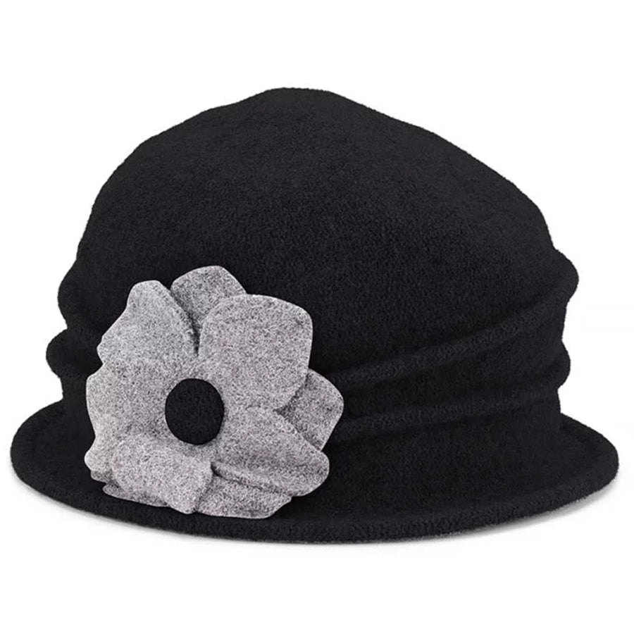 Avenel Ramsey wool pull-on hat with flower trim black