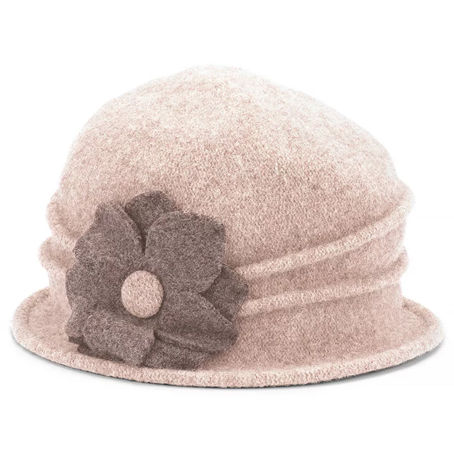 Avenel Ramsey wool pull-on hat with flower trim sand