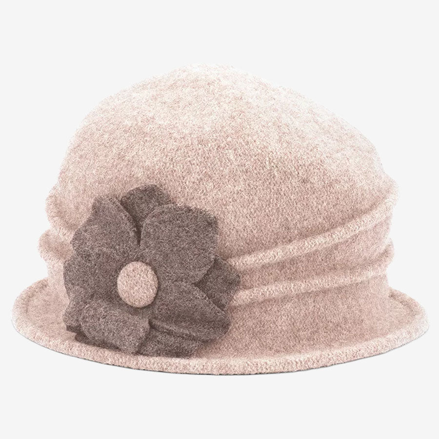 Avenel Ramsey wool pull-on hat with flower trim sand