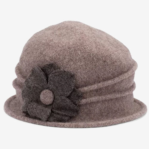 Avenel Ramsey wool pull-on hat with flower trim taupe