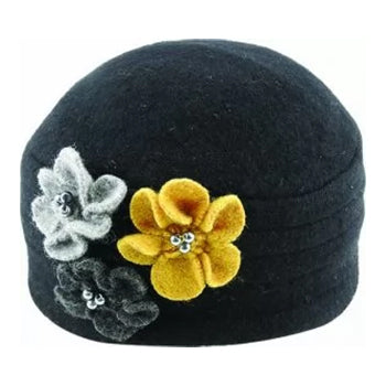 BOILED WOOL FLOWER PULL ON HAT BLACK