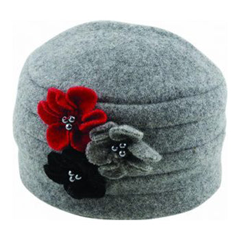 BOILED WOOL FLOWER PULL ON HAT GREY