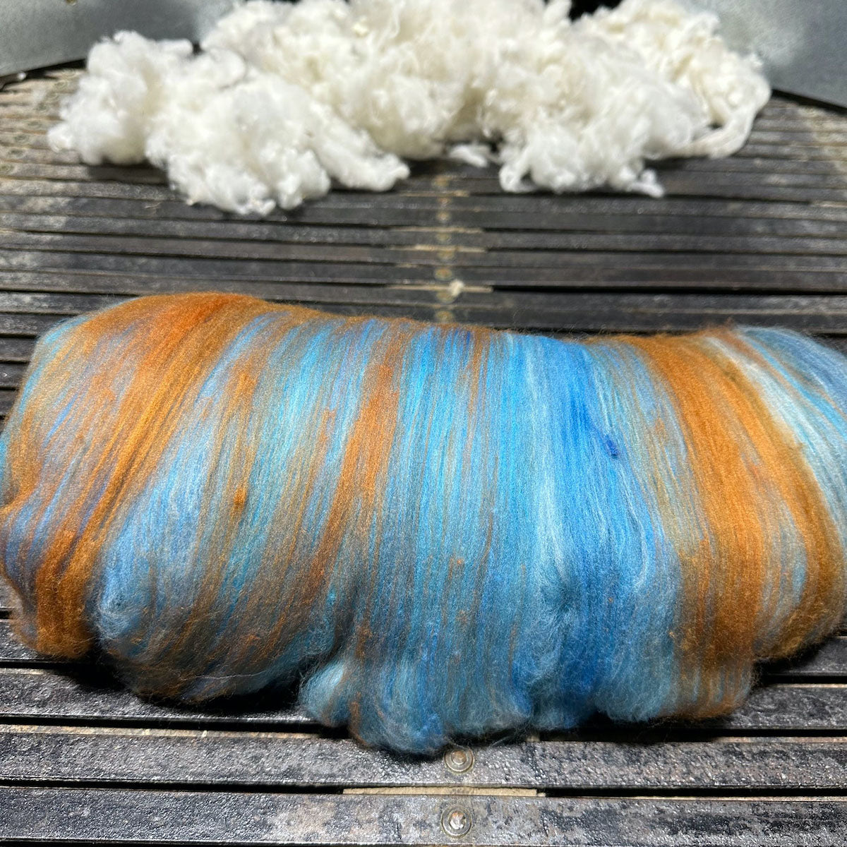 Hand Dyed Wool Batts 100g Burnt Orange & Blue