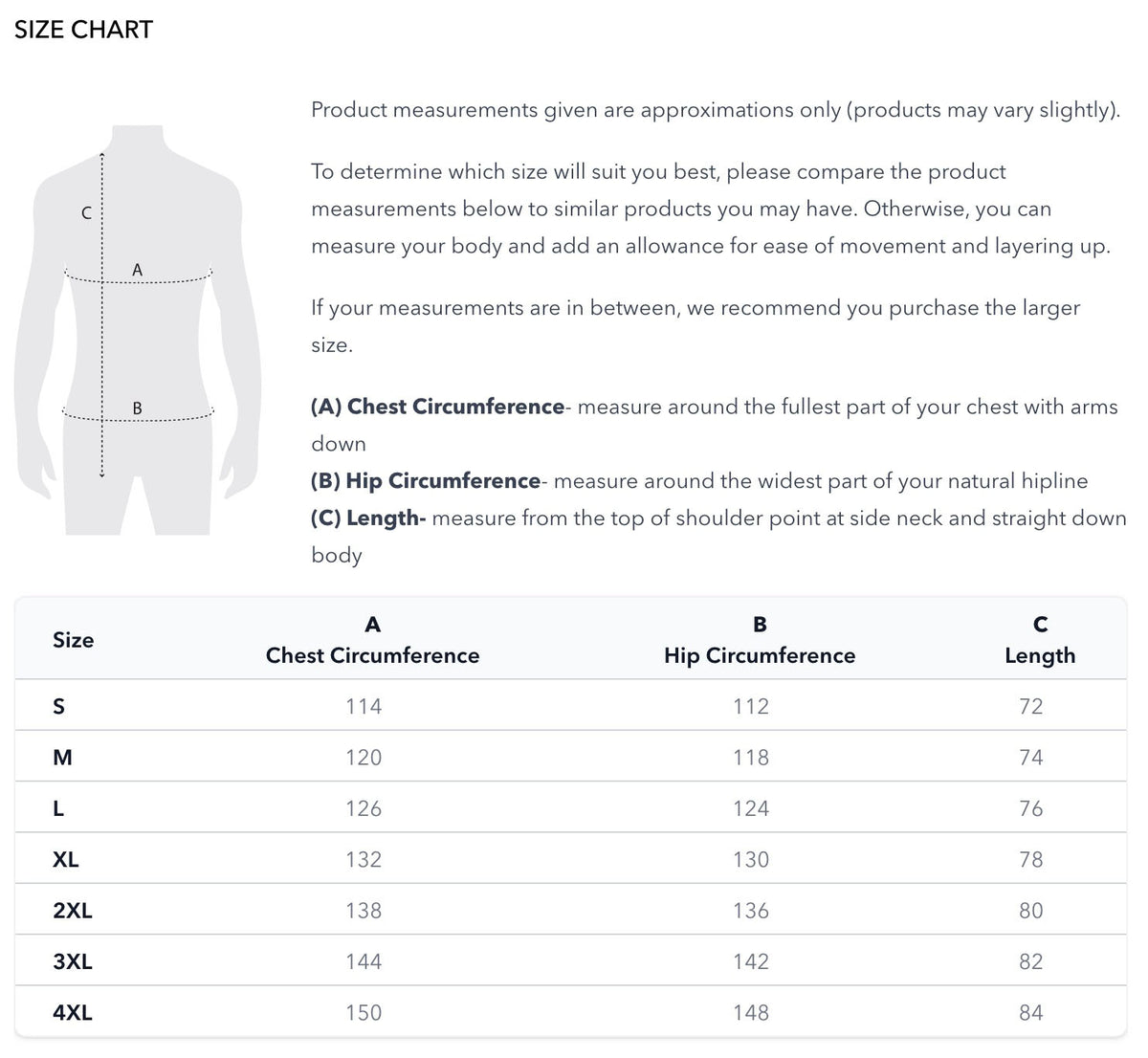 Burke & Wills Derwent size chart