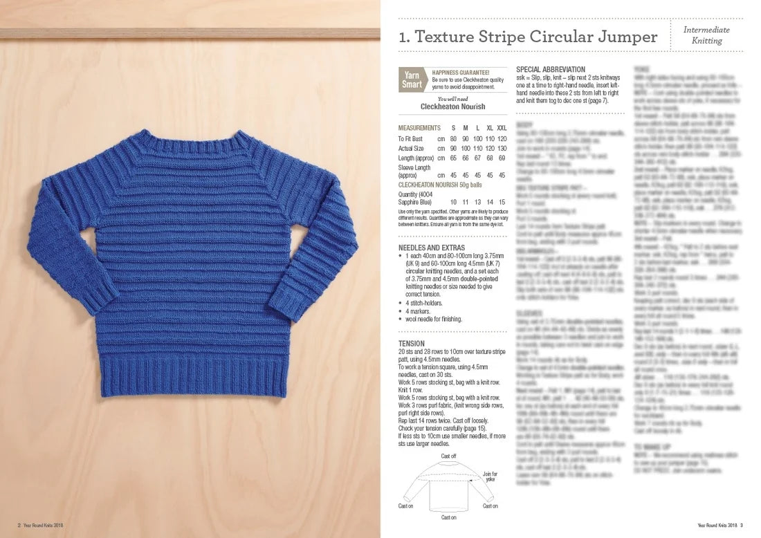Woman's blue textured stripe circular knit jumper, Cleckheaton Nourish yarn