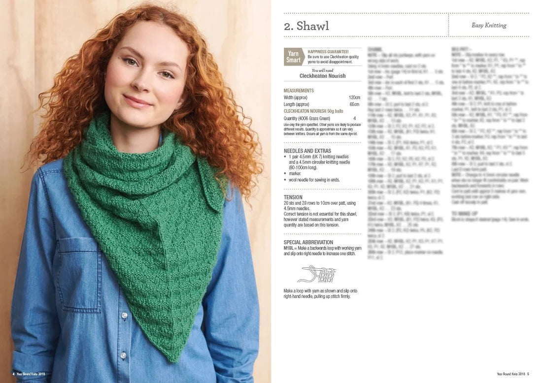 Woman wearing a green knitted triangular shawl, Cleckheaton Nourish yarn