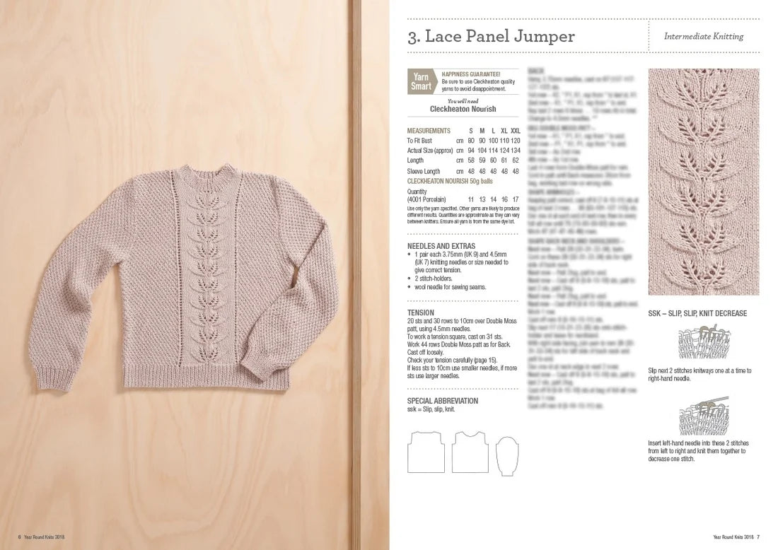 Beige lace panel knit jumper with leaf stitch detail, Cleckheaton Nourish yarn