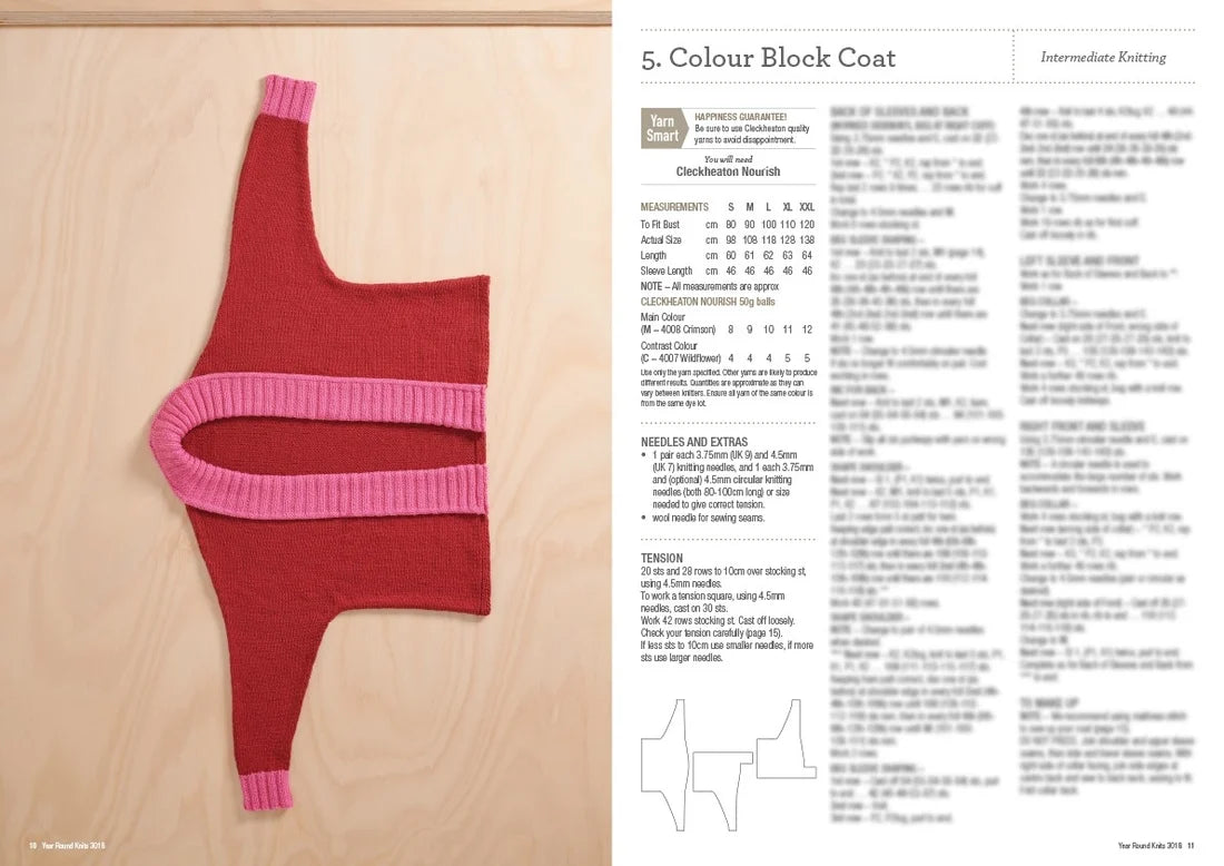 Red and pink colour block knitted coat, Cleckheaton Nourish yarn