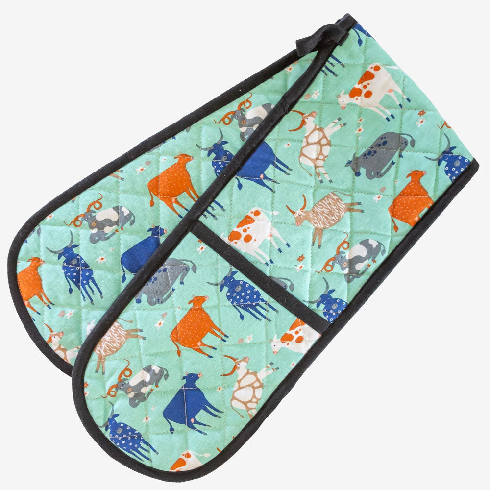 Double Oven Glove - Green Cows