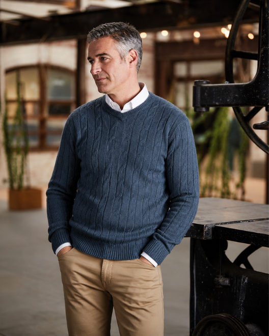 Ansett Pure Wool Cable V-Neck