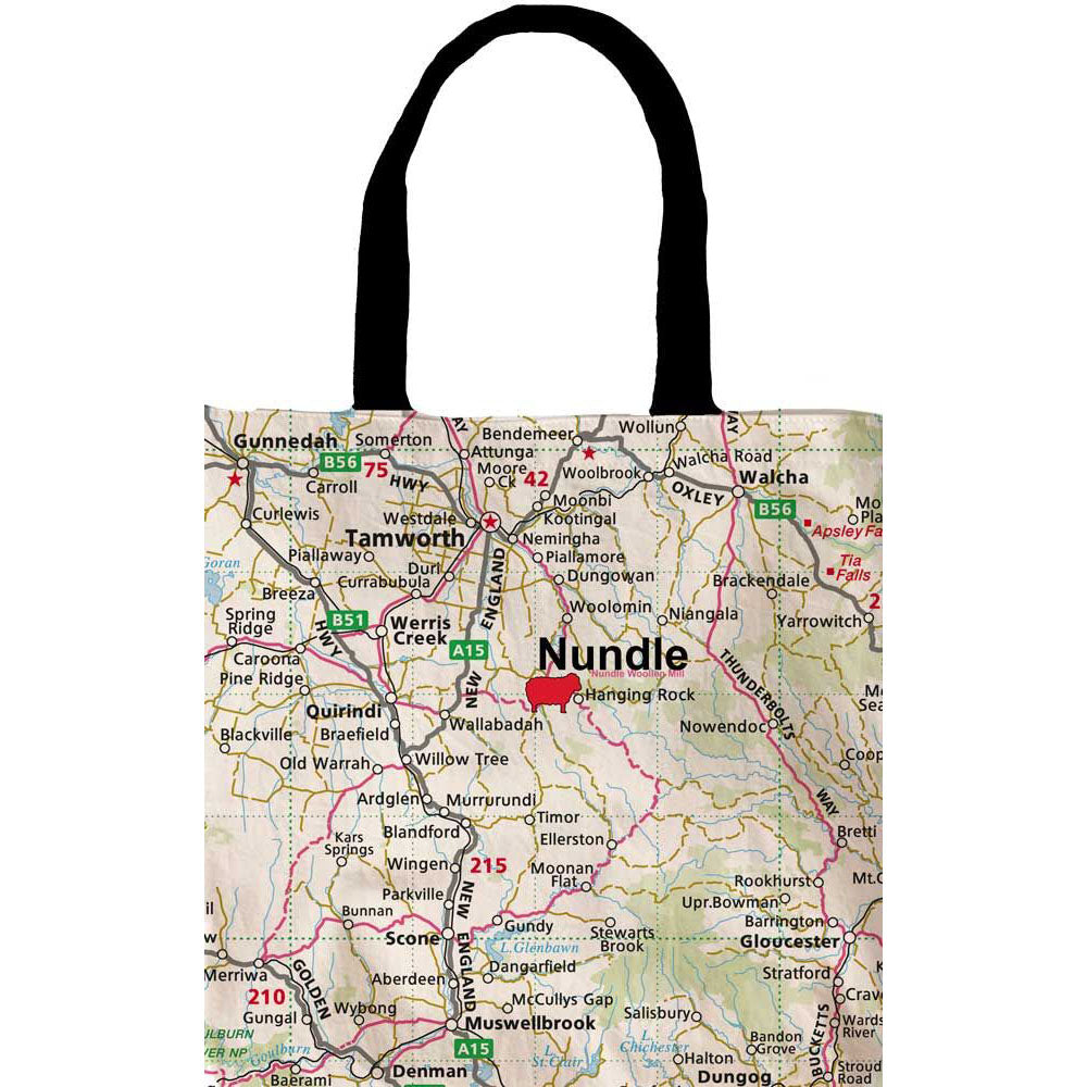 Tote bag with a map design featuring the town of Nundle.