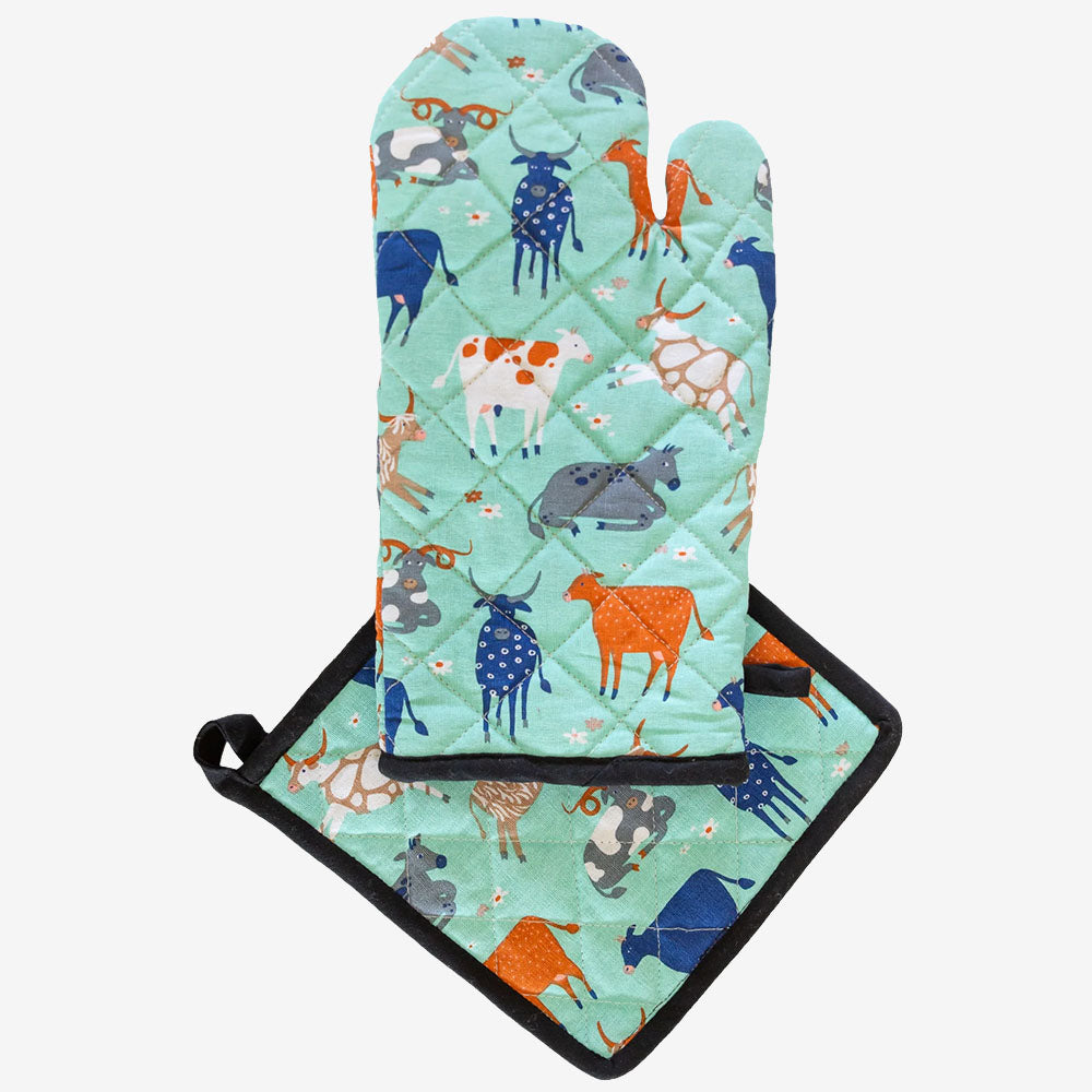 Oven Glove & Pot Holder - Green Cow
