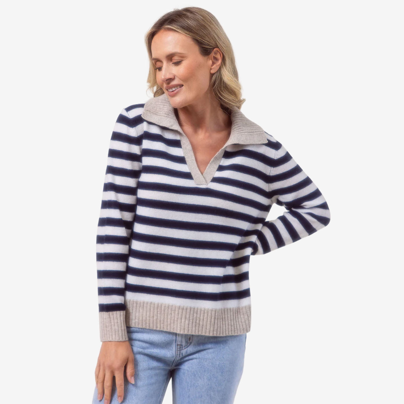 See Saw Ribbed Collar Stripe Sweater