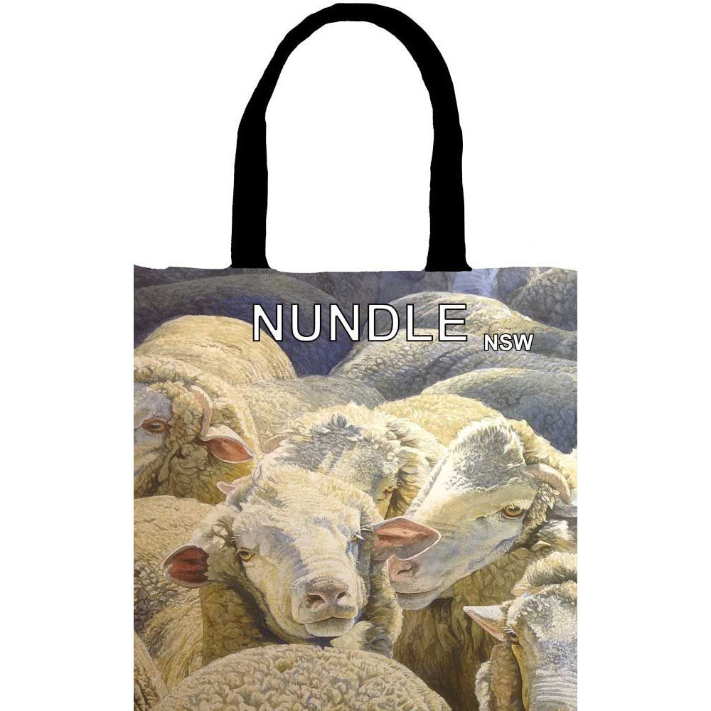 Tote bag with a design of sheep and the text 'Nundle NSW' on a white background