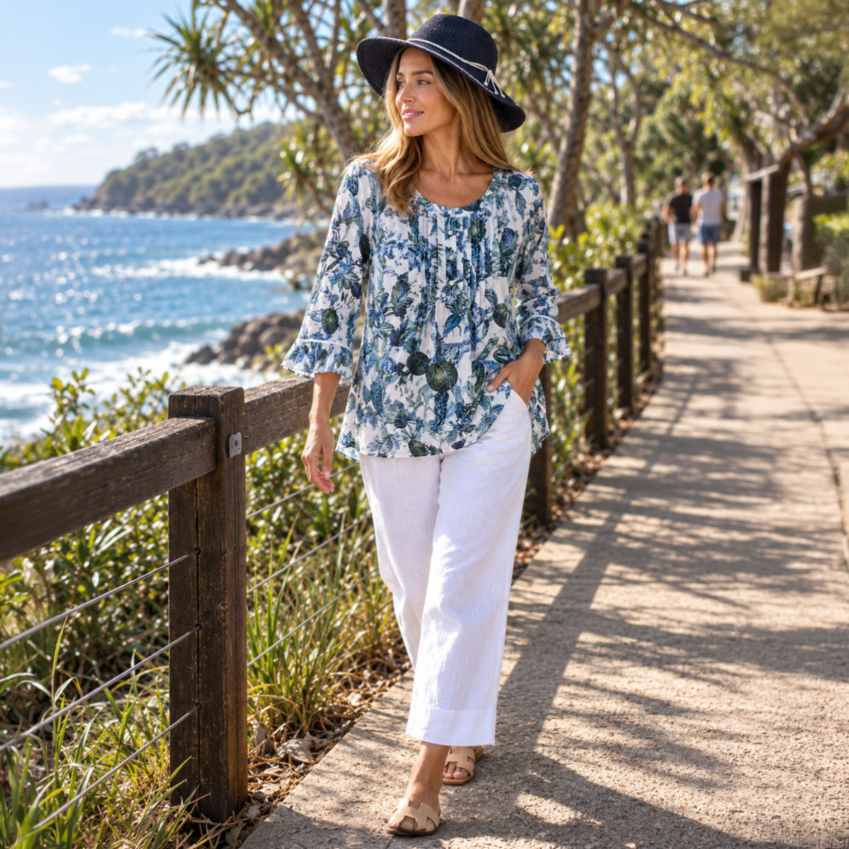 Renoma Casey Pintuck Top blue leaf