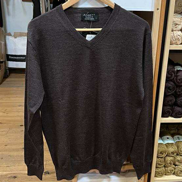 Ansett Extra Fine Merino Wool Vee Neck Jumper - coffee