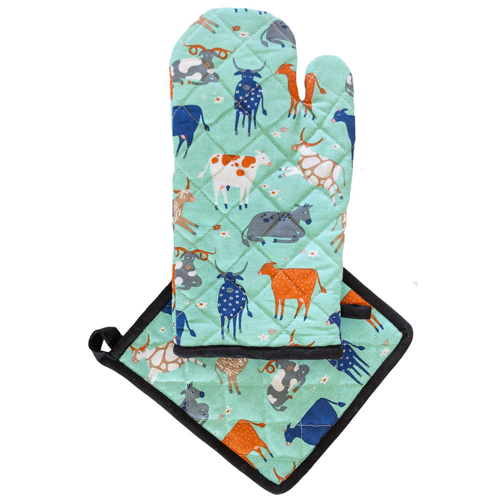 Oven Glove & Pot Holder Green Cow