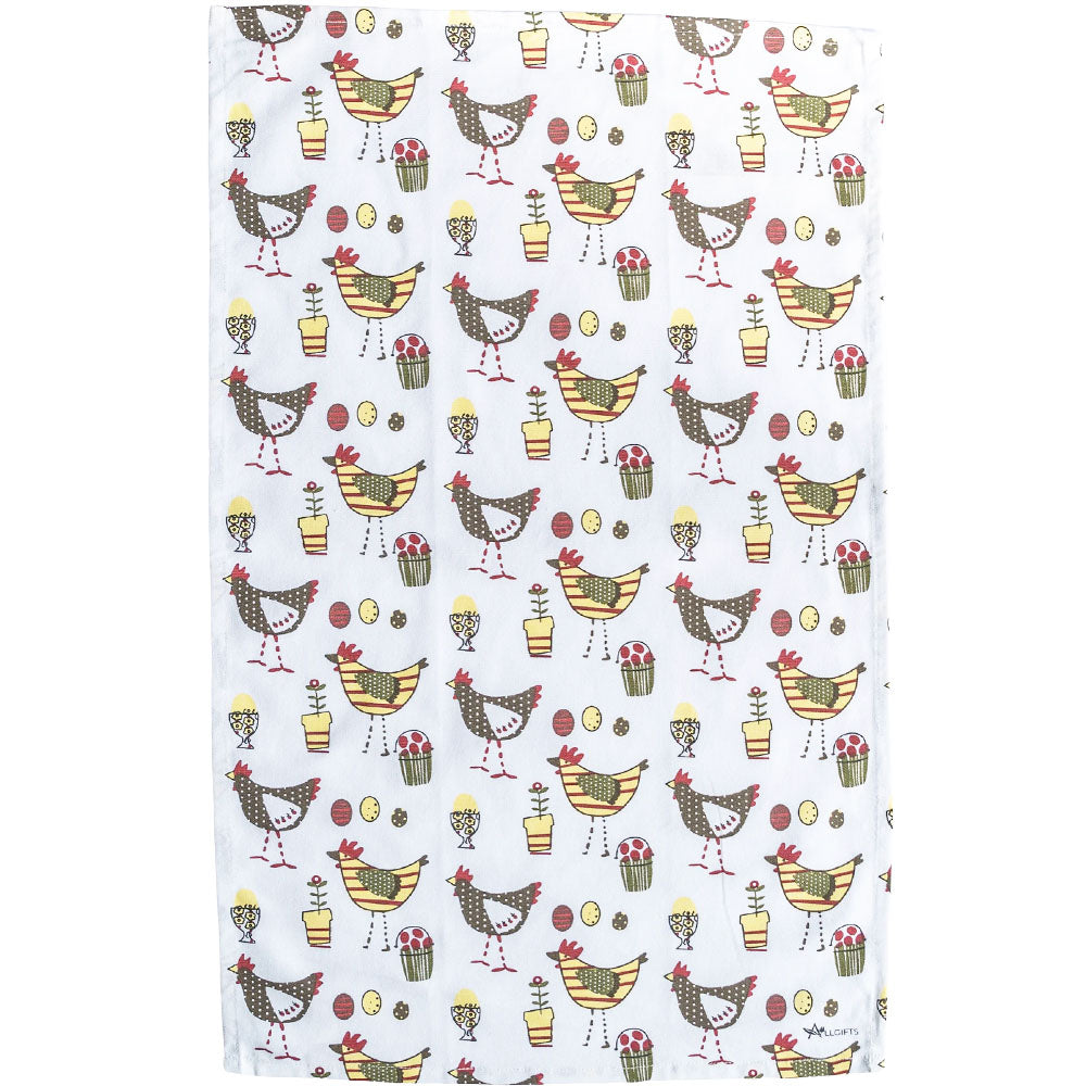 Tea towel with chicken and flower pattern on a light blue background