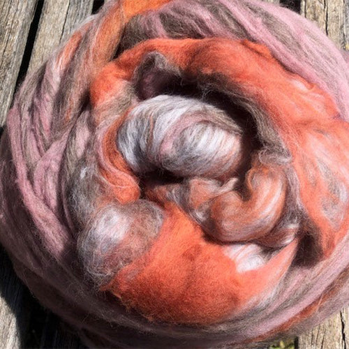 Hand Dyed Wool Batts 100g - orange, pink, brown