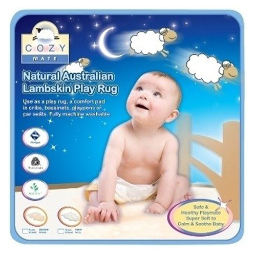 Cozy mate lambskin rugs are a lovely natural keepsake or gift.  The soft texture of wool calms and soothes the baby, whilst the natural lambskins keep little bodies warm in winter and cool in summer drawing moisture away from tender skin. All skins feature eco-tan processing and do not contain any harmful substances.  Wool pile: 30mm  Length: 80-90cm