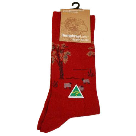 Humphrey Law Health Sock - Tourist Patterns - Sheep - Red